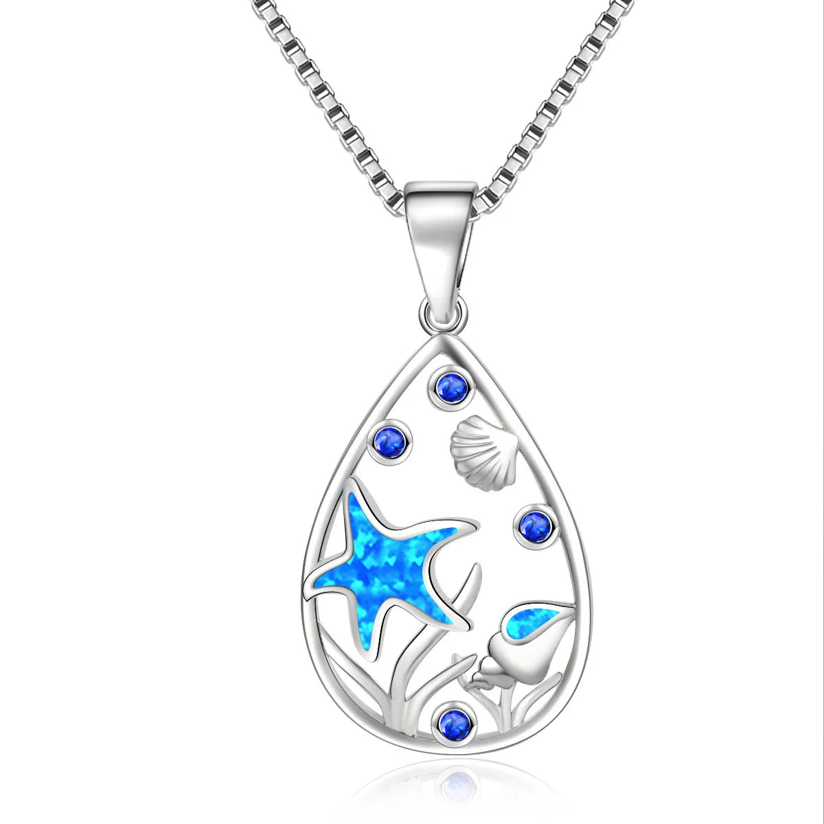 Fashion Trendy Christian Starfish Design Sparkling Blue Opal Silver Plated Copper Sweater Chain Necklace Women's Gift Occasion