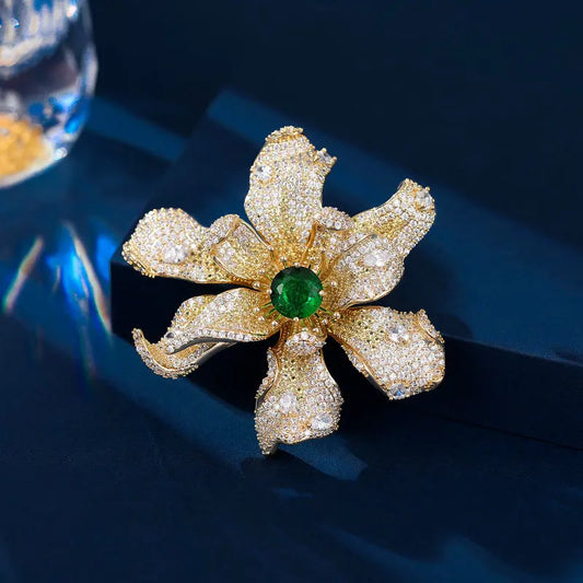3D Flower Zircon Brooch Heavy Duty Luxury Clothes Fixed Lapel Pin High Grade Elegant Accessories for Coat Overcoat Evening Dress