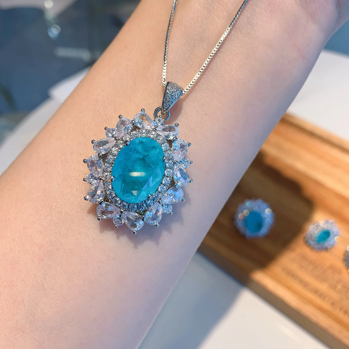 Gemfiori New European and American Style Retro Sea Blue Jewelry Set Zircon Pendant Ring Earrings