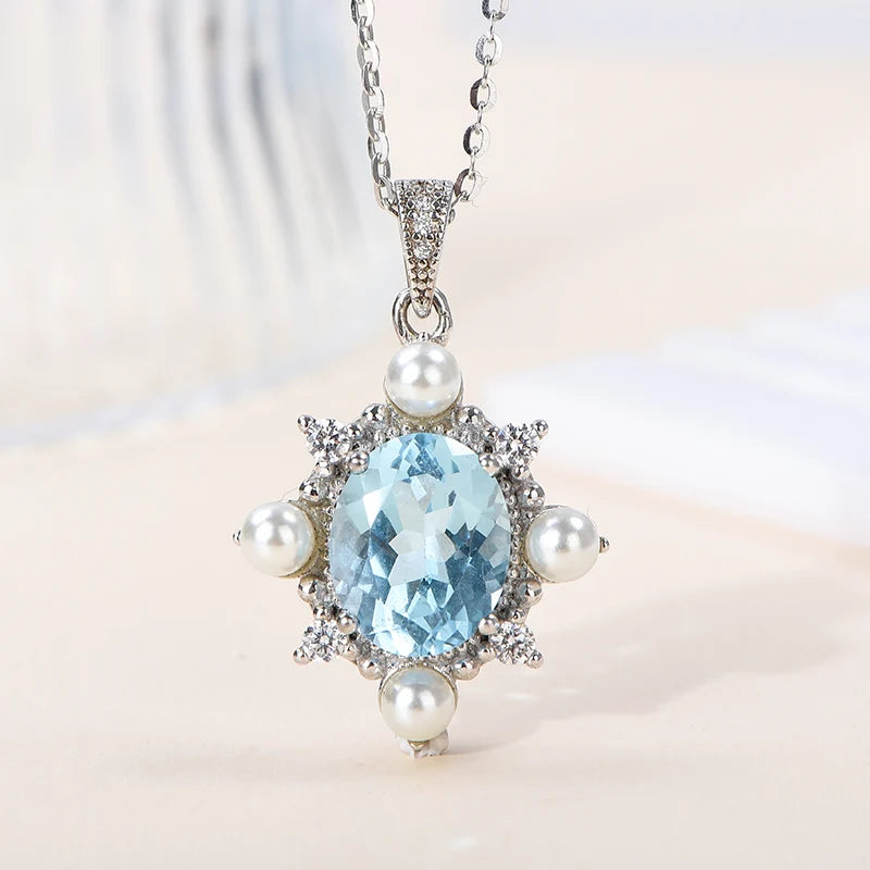 Gioiellieri Fashion Sky Blue Topaz Pendant Necklace Women 925 Sterling Silver Rhodium Plated Chain Zircon Natural Stone Jewelry