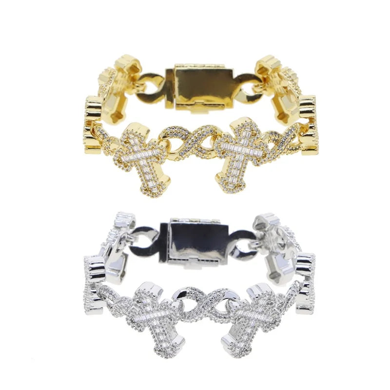 S&S Custom 3 Tone Silver Plated Hip Hop Jewelry Iced Out Bling 5A CZ Multi Cross Infinity Link X Shape Cuban Chain Bracelet for Men
