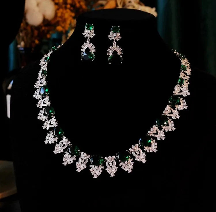 XM S309 Emerald Green & White Zircon Floral Statement Necklace & Drop Earrings Set