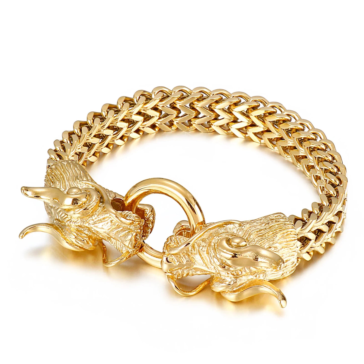 KALEN Personality 18K Gold-plating Double Dragon Buckle Bangle Stainless Steel Mens Bracelets