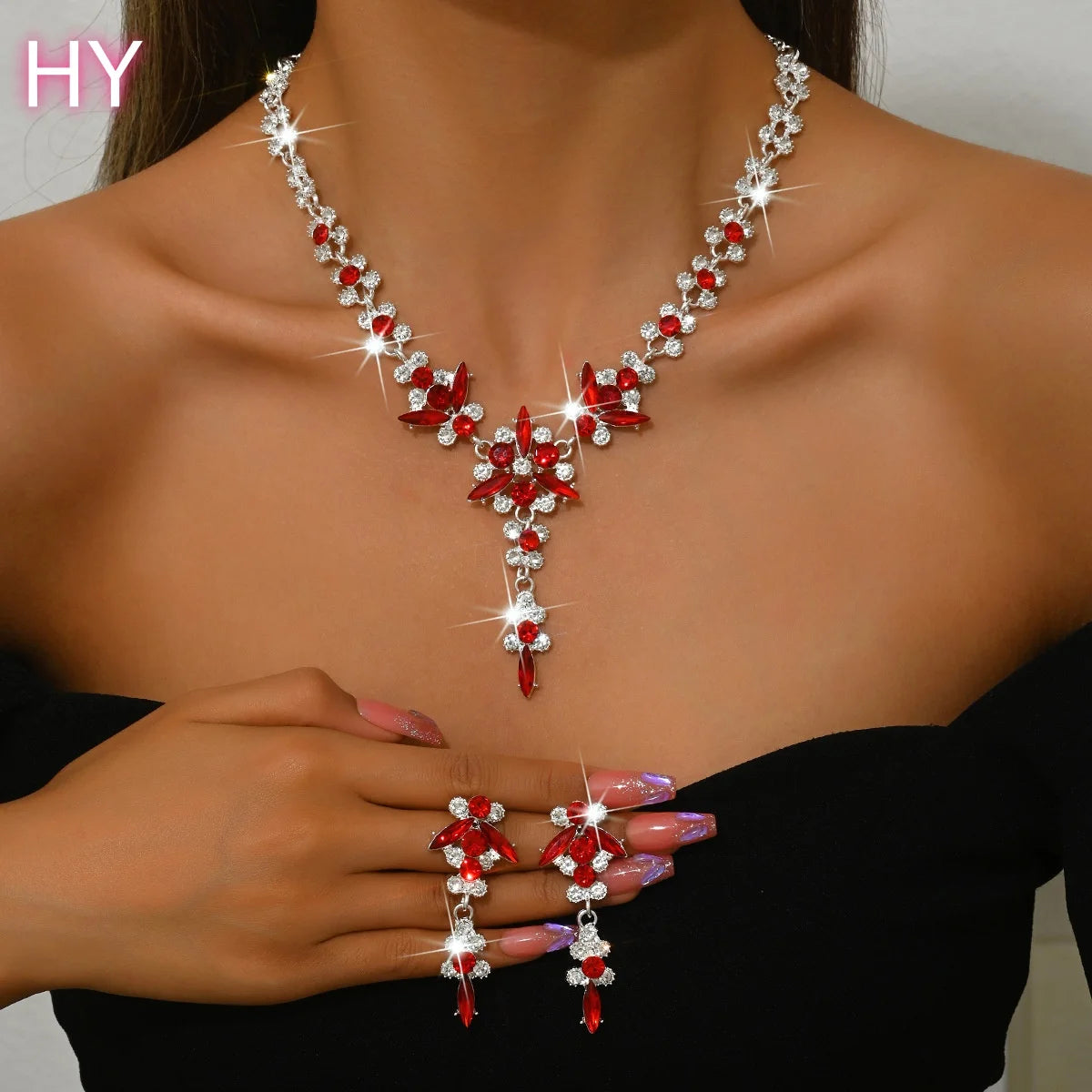 HY  Factory Wholesale Custom New Blue Zircon Wedding Accessories Trendy Two-Piece Set of Necklace Earrings for Engagement