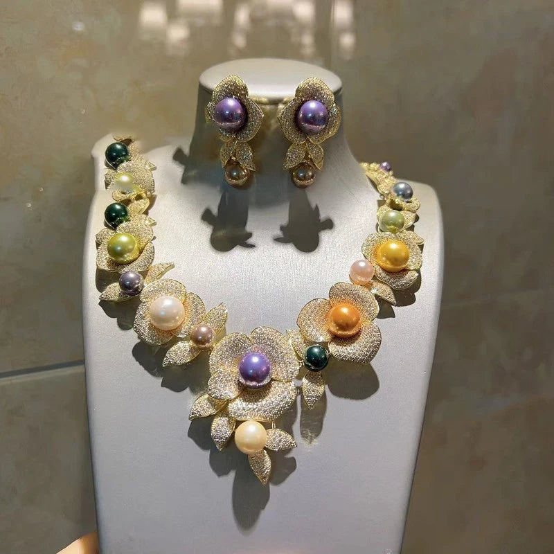 XM S206 Platinum Plated Gold Tone Multi Color Imitation Pearl Flower Statement Necklace Earrings Set for Anniversary Gift