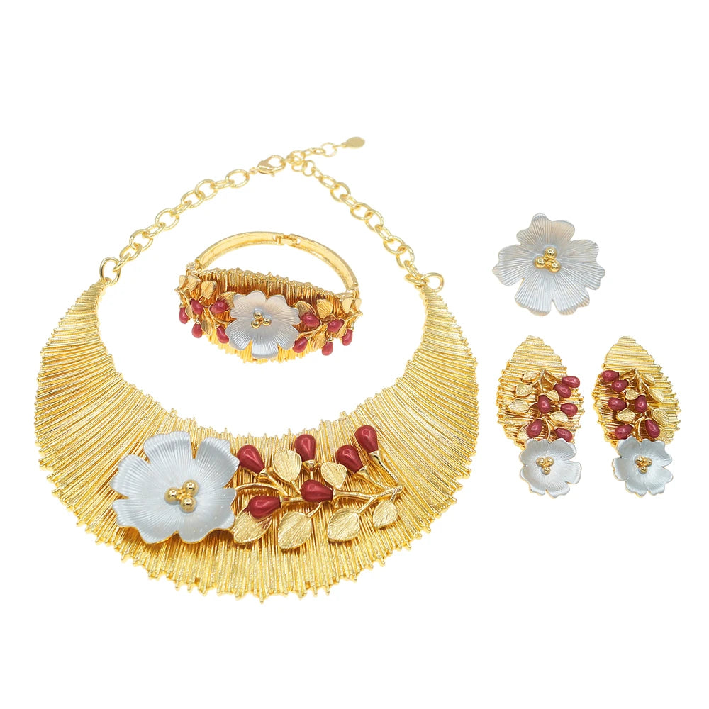Zhuerrui Italian Big Block Pattern Jewelry Set Copper Real Gold Plated Jewelry Sets Luxury Western Wedding Jewellery Gift H00497