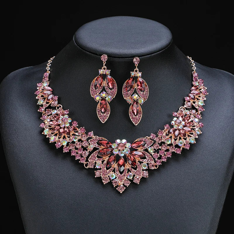 Retro Leaves & Flowers Crystal Necklace & Earrings Set | Exaggerated Luxury Bridal Jewellery | 10 Colours