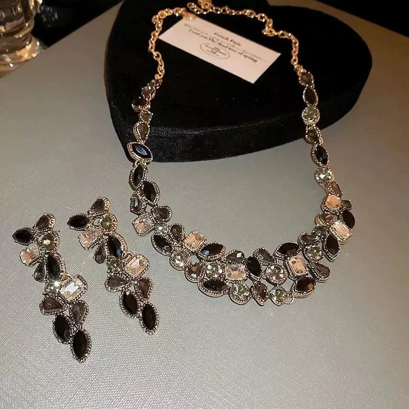 XM S382 Silver Plated Black Zircon Floral Marquise Necklace & Drop Earrings Bridal Set