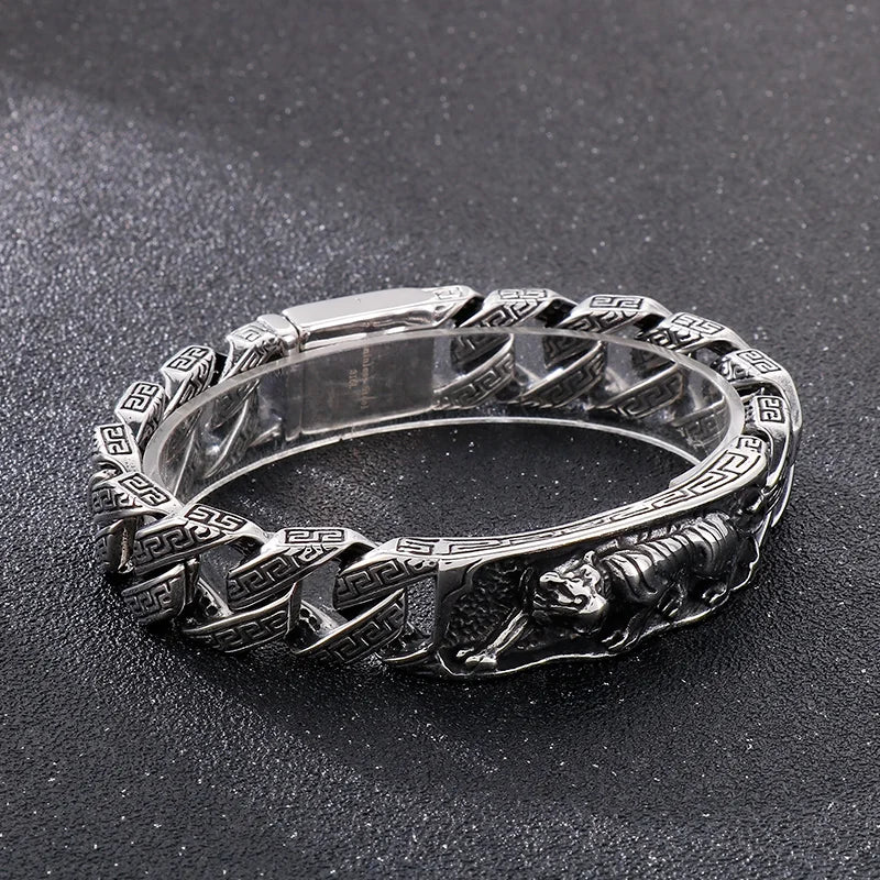 VIKING Mens Punk Tiger Pattern Link Bracelet – Silver Stainless Steel