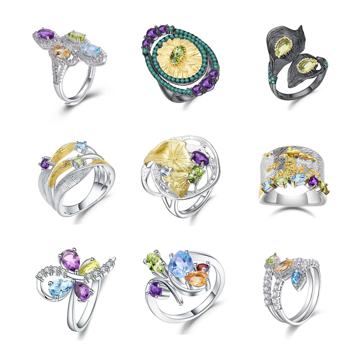 ArtistA Abiding Custom Green Natural Gemstone Ring Collection 925 Silver Natural Peridot Rings with Regular Open 2 Tone Design