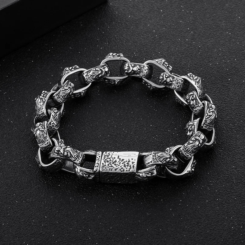KALEN 220mm Men Punk Stainless Steel Lion Head Patterns Oval Links Bracelet