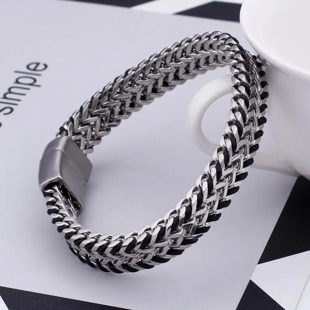 KALEN Stainless Steel Fashion Double Layer 11mm Width Mesh Link Chain Wrist Bracelets for Men