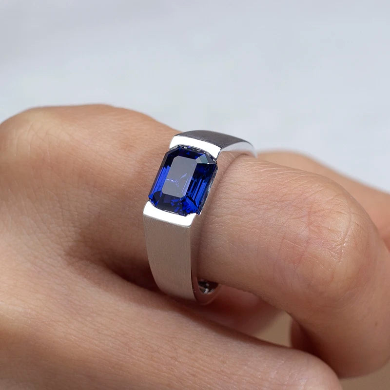 Gemfiori MSR-1506 PT950 Luxury Engagement Ring 7x9mm Emerald Cut Lab Sapphire Stones Lab Grown Diamond Ring