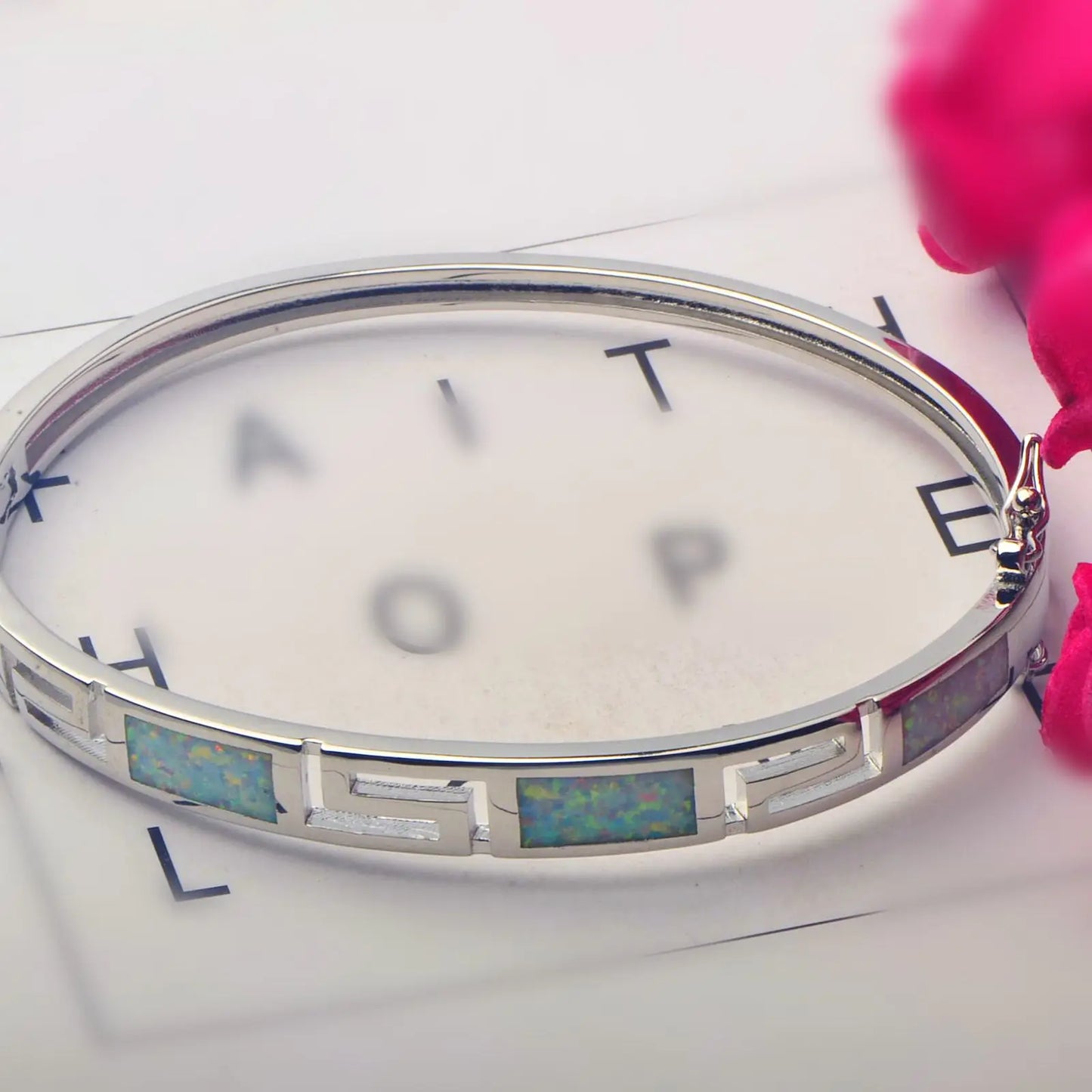 Shimmering Blue Opal Bangle Aobao Greek Key Geometric Design Silver Tone Jewelry