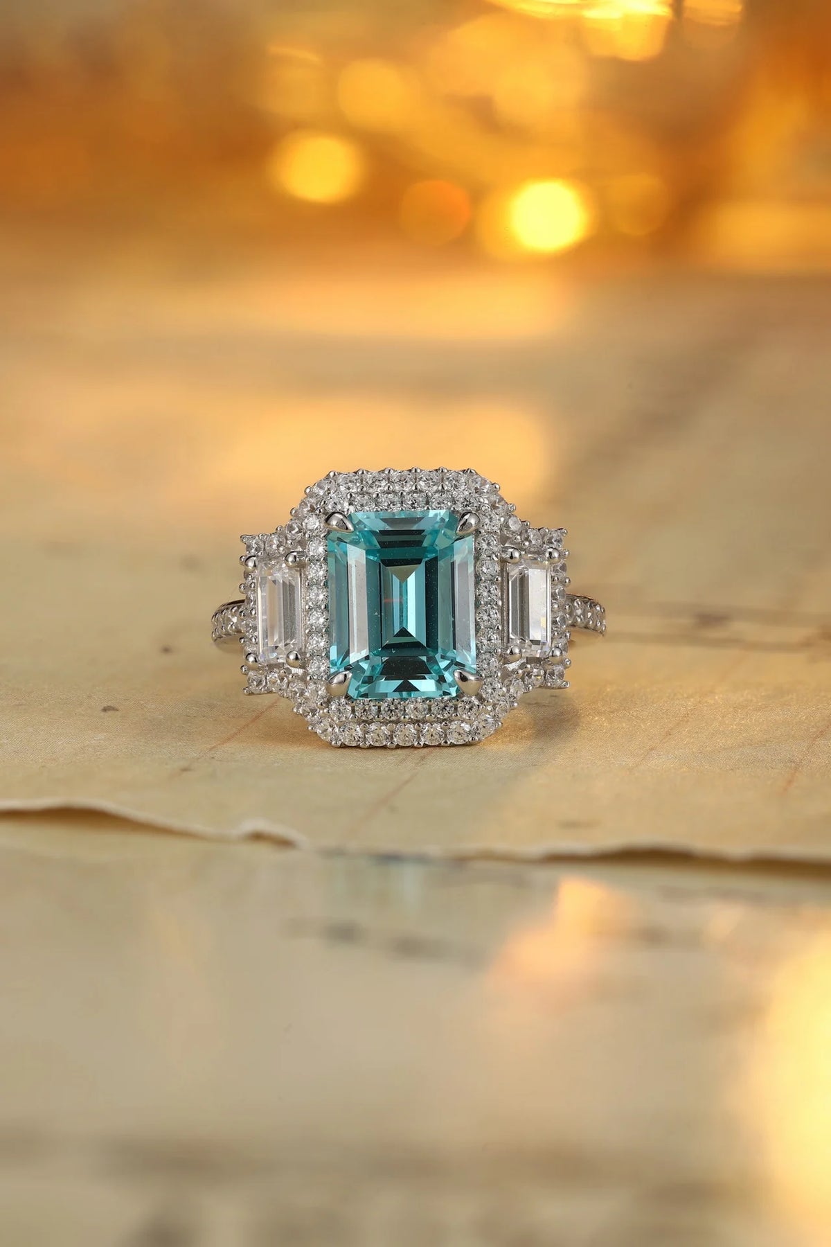 Gemfiori Vintage Lab Grown Paraiba Engagement Ring S925 Silver Rhodium Plated Prong Setting Vintage Wedding Ring for Her Charms