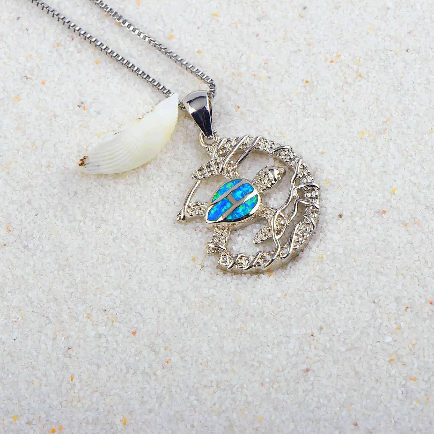 Boho Blue Opal Turtle Necklace | Trendy Women's Copper Alloy Silver Plated Link Chain Statement Pendant for Sweater Daily Gift