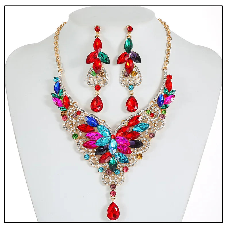 Crystal Stacked Butterfly Necklace & Earrings Jewellery Set | 10 Colours Geometric Glam Fashion Set