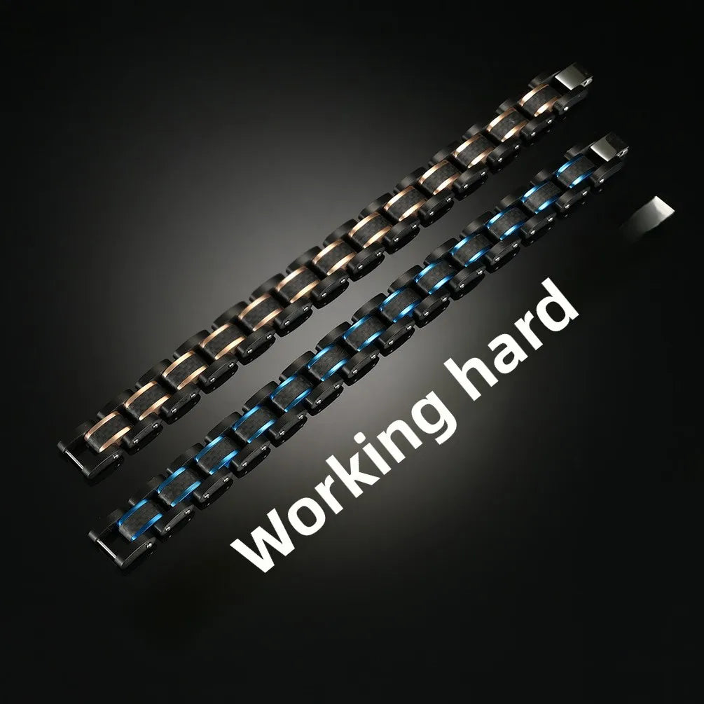 REBEL Men's Trendy Carbon Fiber & Stainless Steel Chain & Link Geometric Bracelet Black/Blue Zinc Plated Party Jewelry Model AS-SL-003