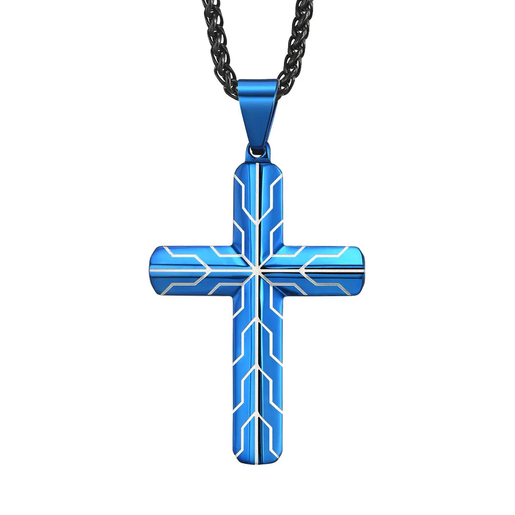 REBEL Black and Blue Texture Stainless Steel Cross Necklace for Men
