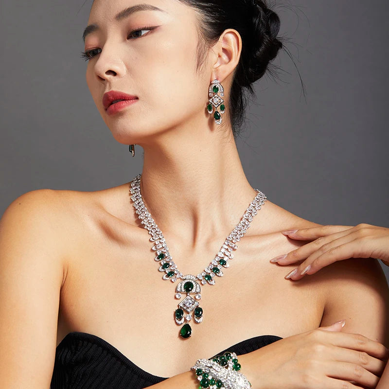 Classic High-end Brass Necklace and Earrings Featuring Zircon Retro Style Suitable for Rhodium Plating at Weddings and Parties