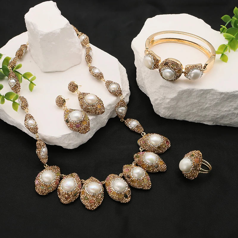XOTICA Natural Baroque Pearl 18K Gold Plated Women's Gift Jewelry Necklace Bracelet Earrings Fashion Designer Jewelry Set