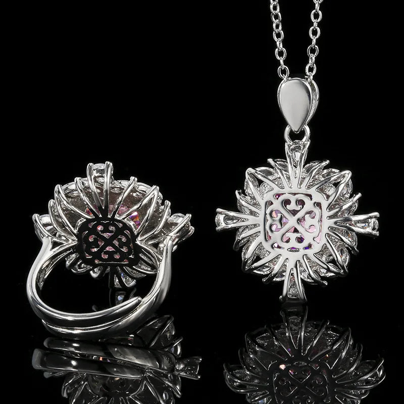 Gemfiori French Square Crystal Zircon Necklace Ring Jewelry Set Banquet Colorful Crystal Necklace Pendant