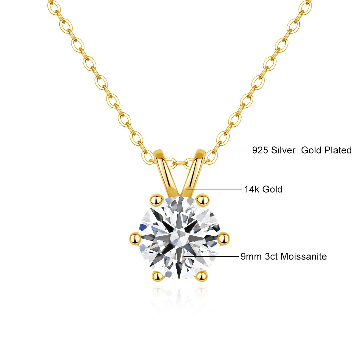 Gioiellieri Fine Jewelry Custom Woman Engagement Wedding Classic 6 Prongs Cdena De Oro 14k Gold Hollow 1ct 2ct 3ct Moissanite Pendant
