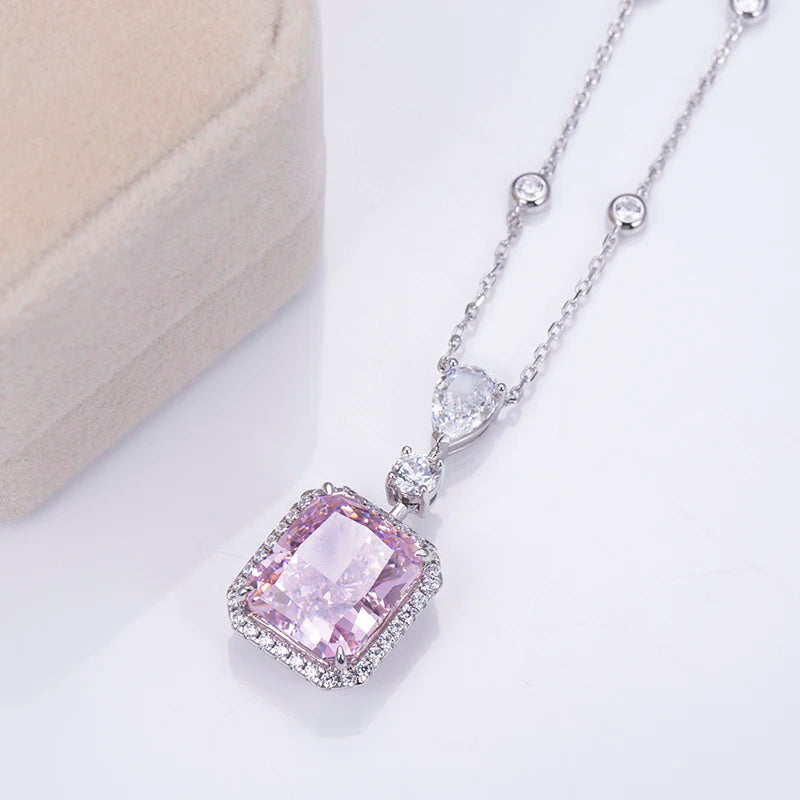 Messi Jewelry MSN-659 Pink Necklace Cubic Zirconia Radiant Cut Pear Silver Pendant for Daily Decorations