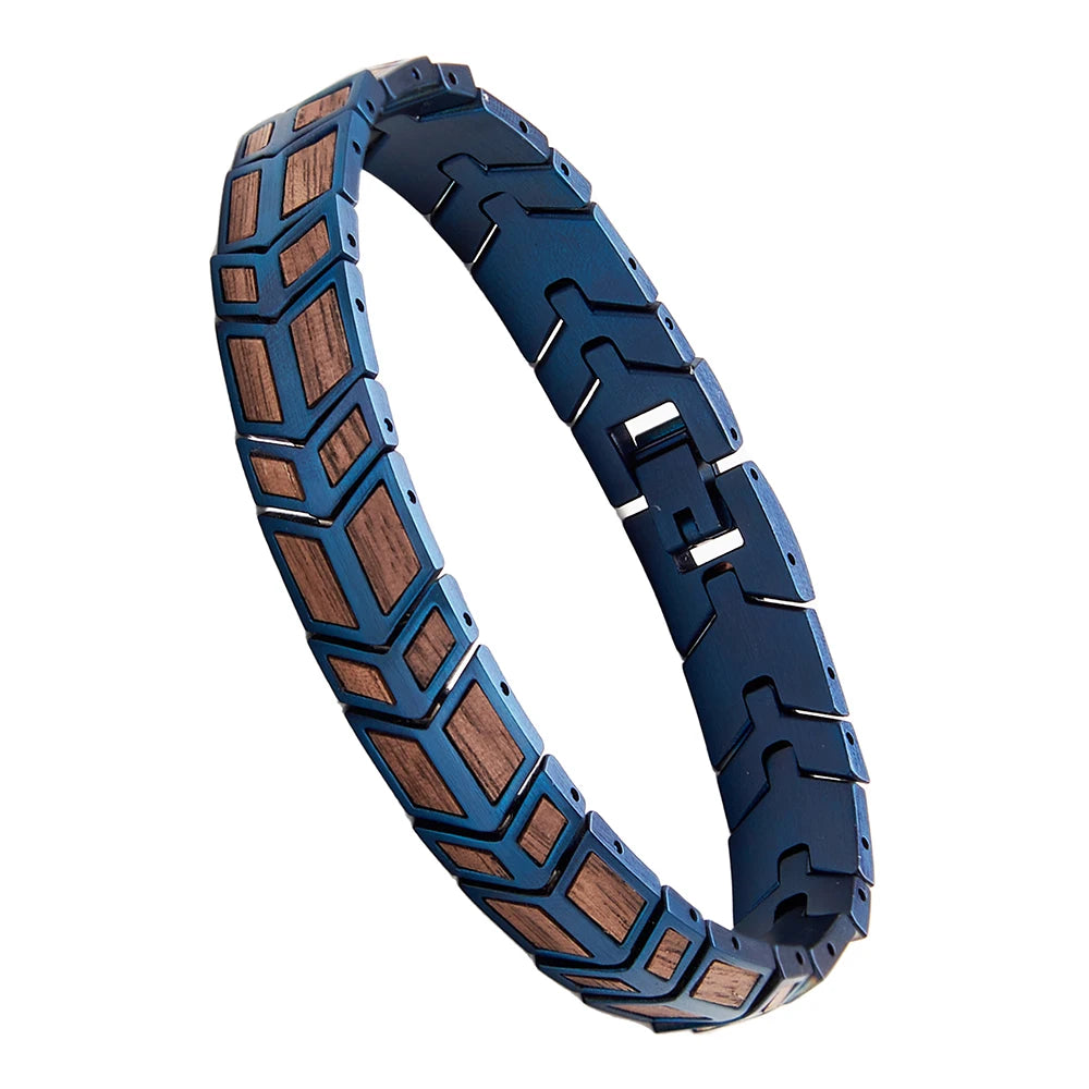 REBEL Blue Stainless Steel and Walnut Wood Skeleton Bracelet Classic Style for Men and Women for Anniversary Occasions