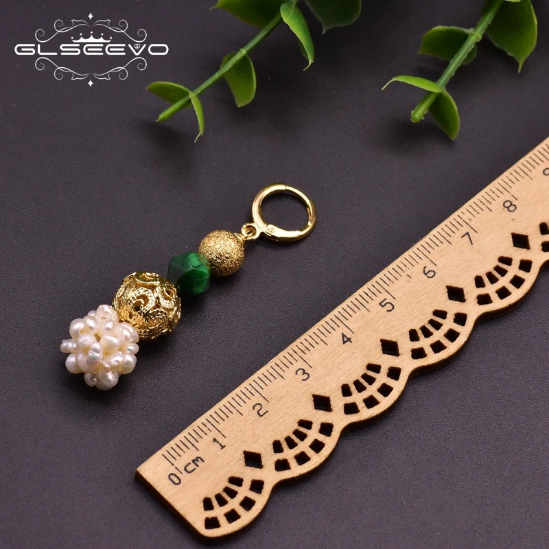 Original Design Natural Green Stone Fresh Water Pearl Dangle Earring for Women Mother Anniversary Ethnic Jewelry