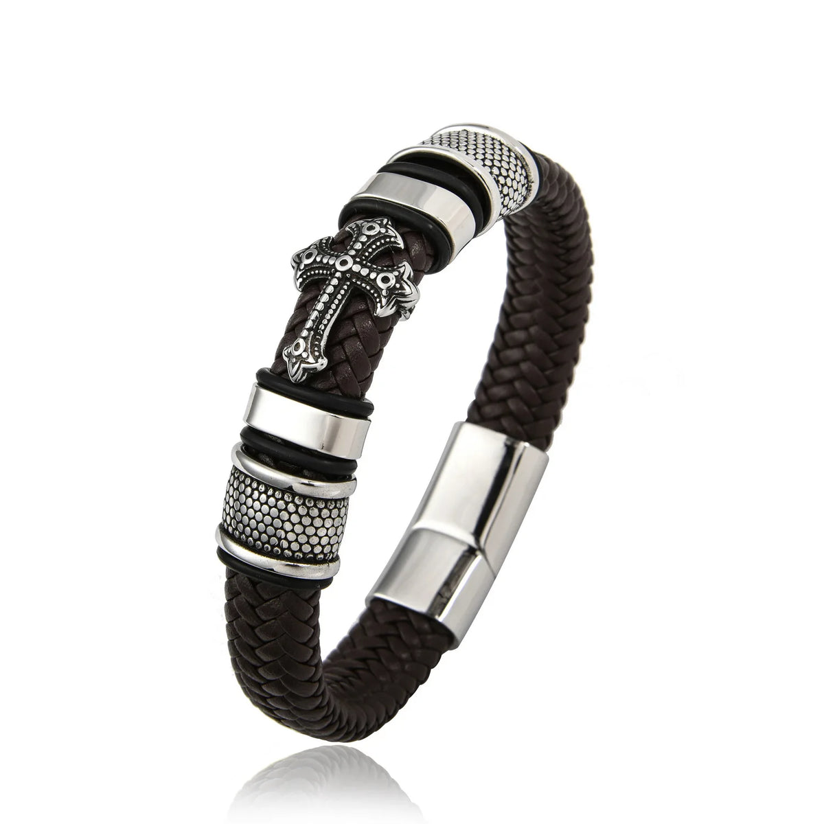 REBEL FASHIONISTA New Titanium Steel Cross Leather Braided Bracelet Magnetic Buckle Men's Leather Bracelet