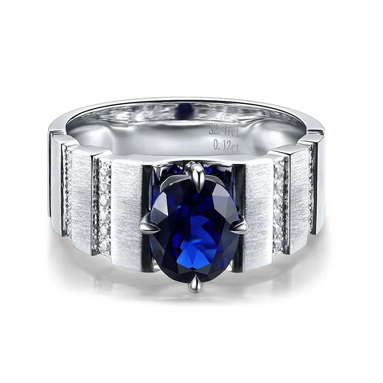 Gemfiori Anster Lab Created Sapphire Men Ring Lab Made Oval Cut Diamonds and Ring S925 Sterling Silver