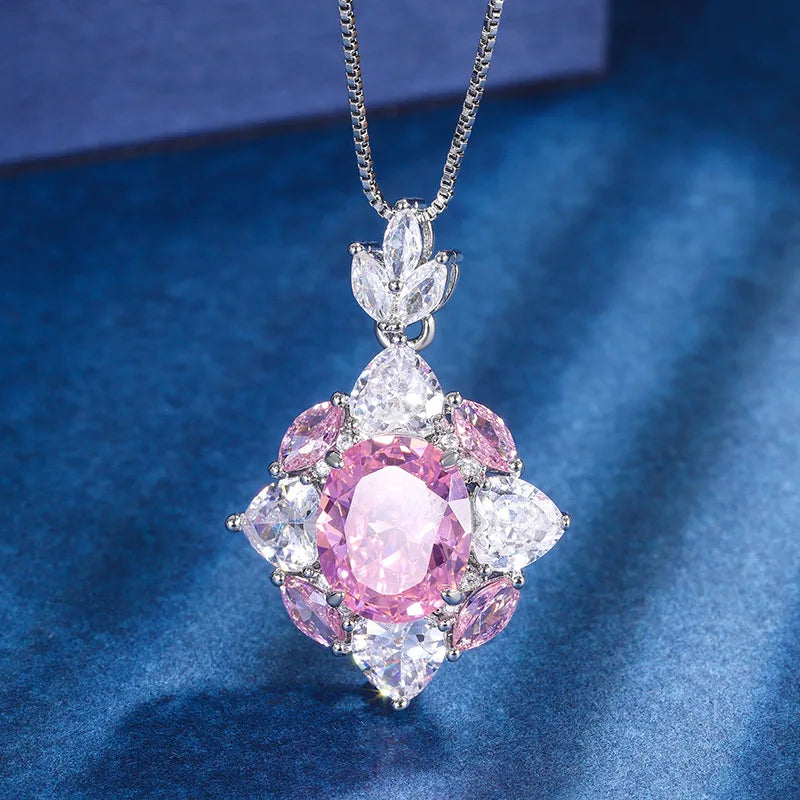 Gemfiori Sweetheart Peach Pink Zircon Necklace Petal Zircon Ring Fashion Light Luxury Set