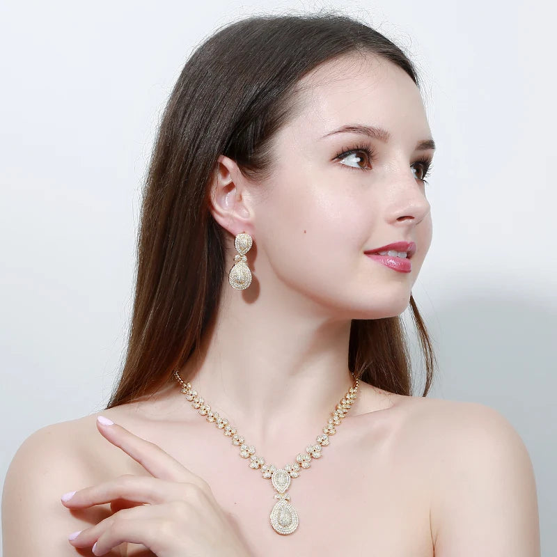 Dubai Gold Super Luxury Big Water Drop Cubic Zirconia African Jewelry Sets CZ Women Dangle Earrings Necklace for Wedding Bridal