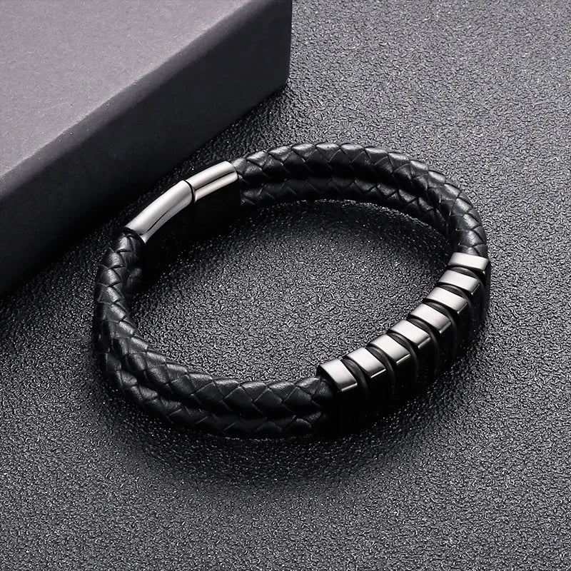 KALEN Unisex 210mm Silver/Gold Color Casual Stainless Steel&Cowhide Link Bracelet