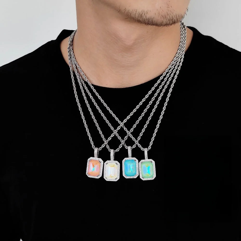 Luxury Bling Cubic Zirconia Jewelry Square Large Gemstone Pendant Necklace  for Men and Women Hip-Hop Sweater Chain Necklace