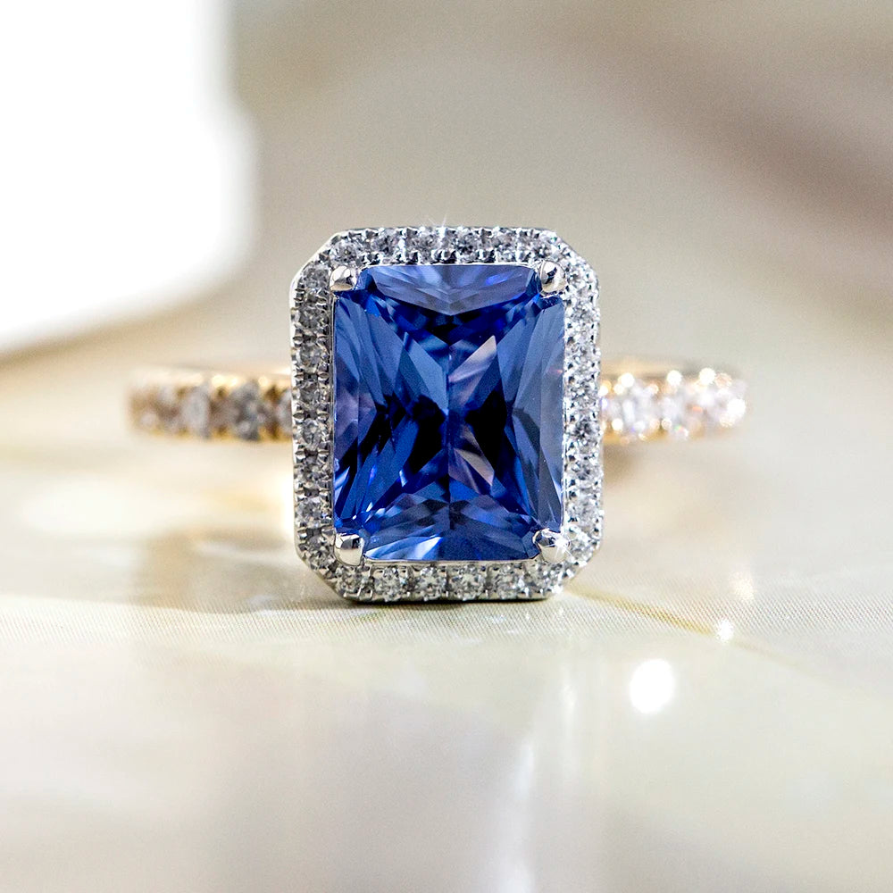 MSR-1596 Customized Jewelry 18K Yellow Gold Emerald Shape 7*9 Royal Blue Lab Grown Gemstone Ring