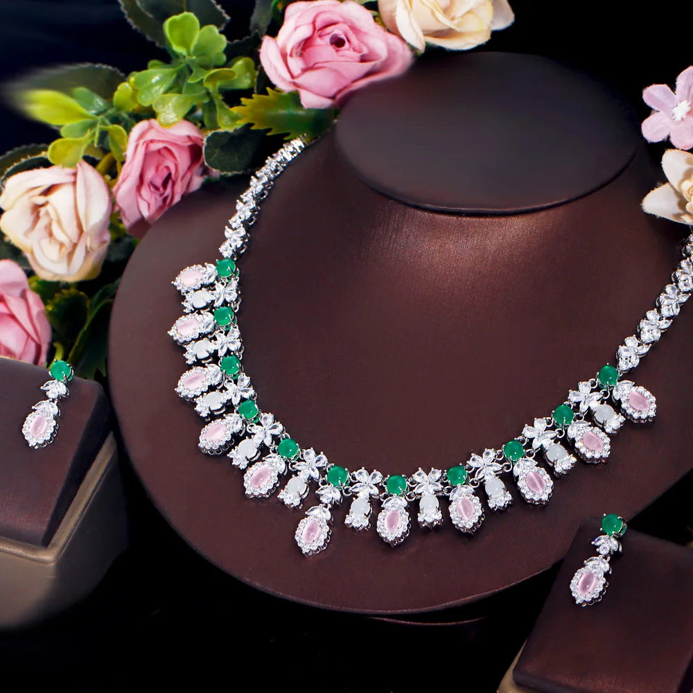 Women Fancy and Elegant Leaf Flower Shape Pink CZ Necklace Earrings Green Opal Cubic Zirconia Wedding Jewelry Set for Bridal