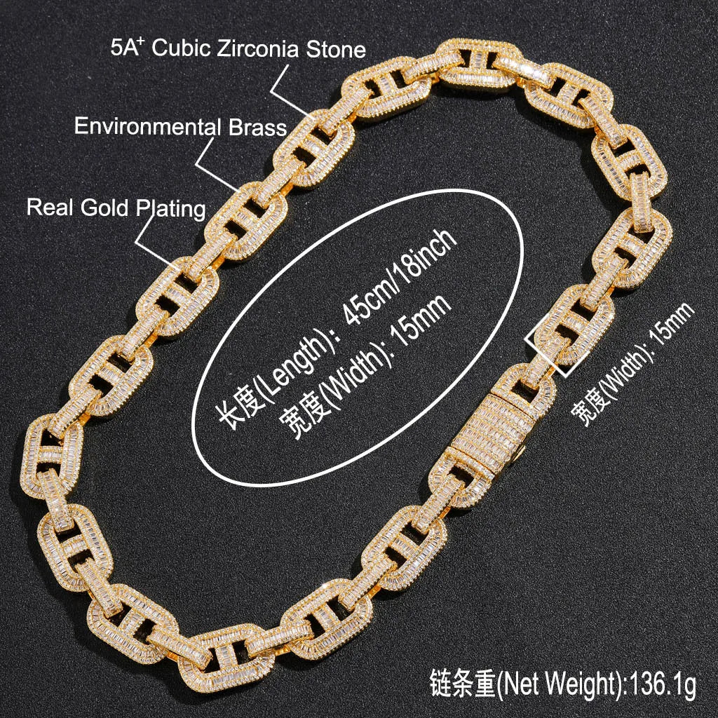 NEWLiFE BiG-BOSS 15mm Baguette Moissanite Chain Necklace in Brass for Men | Designer Hip-Hop Jewellery