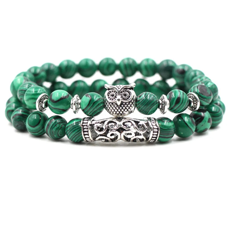 Classic Natural Silver Lion Owl Buddha Head Charm Bracelet Set for Unisex Anniversary 8mm Diamond-Embossed Bangle Chain Bead