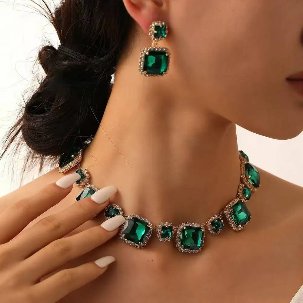 XM S90 New Luxury Crystal square Gemstone Jewelry Set Necklace Wedding Party Rhinestone Necklace Earring Set