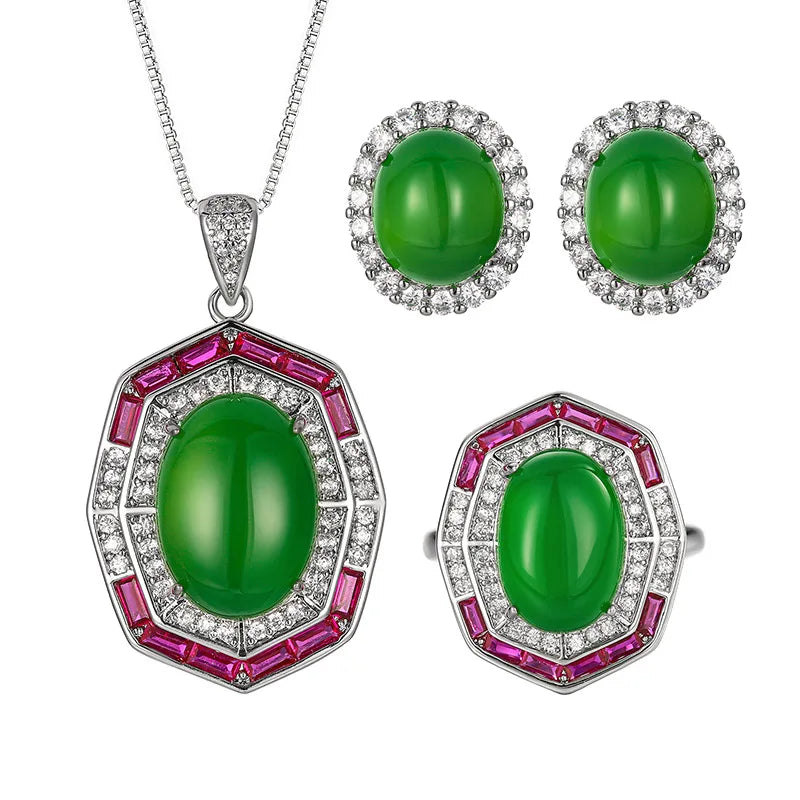 Gemfiori New Hot Selling High-quality Jewelry Simulation Green Chalcedony Zircon Retro Light Luxury Set