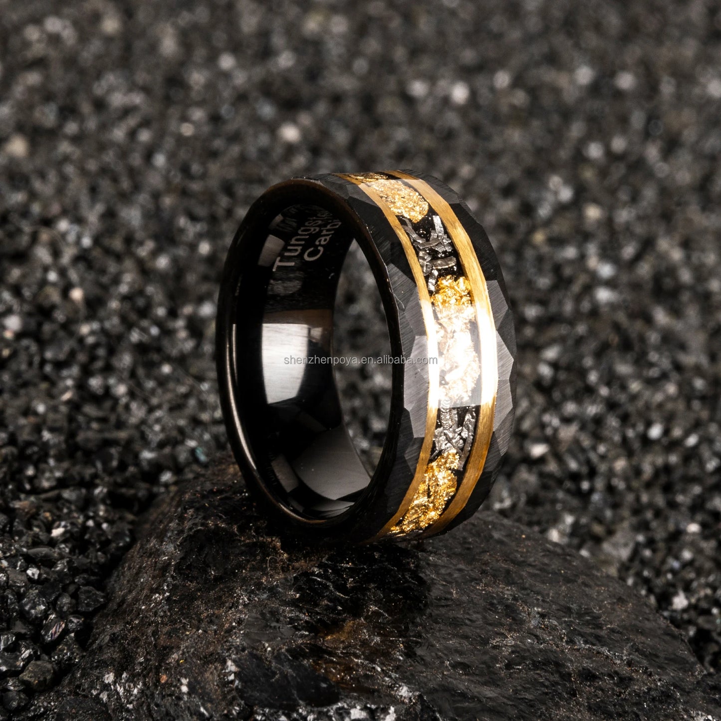 POYA Meteorite Gold Leaf Wedding Band 8mm Hammered Mens Black Unique Tungsten Engagement Rings