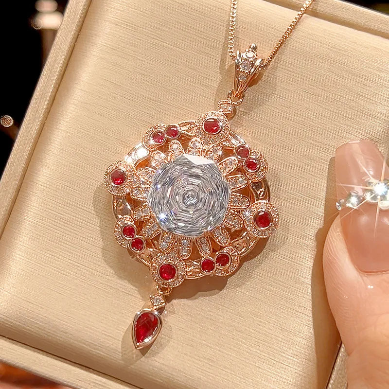 REDheart Fashion Vale Women's Copper Zircon 18K Gold Plated Flower Shape Necklace Accessories Brilliant Cut Orange Tassel Rose Gold