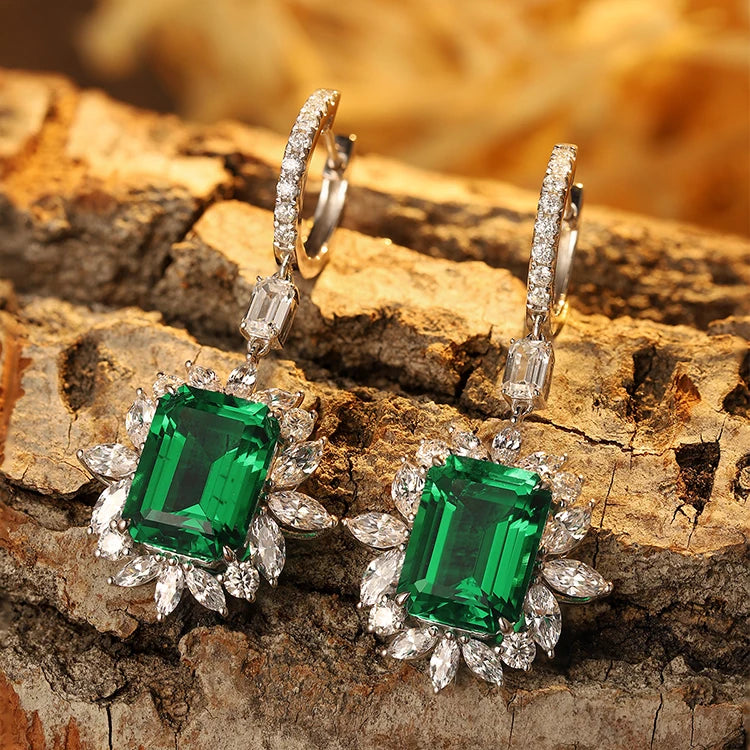 Gemfiori Handmade Vintage High-End K Solid Gold Dangle Drop Earrings Emerald Cut Emerald Statement Studs for Women for Anniversaries