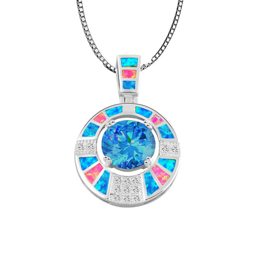 Aobao New Copper Christian Opal Geometric Silver Plated Minimalist Sparkling Colored Opal Pendant Women's Gift Box Chain