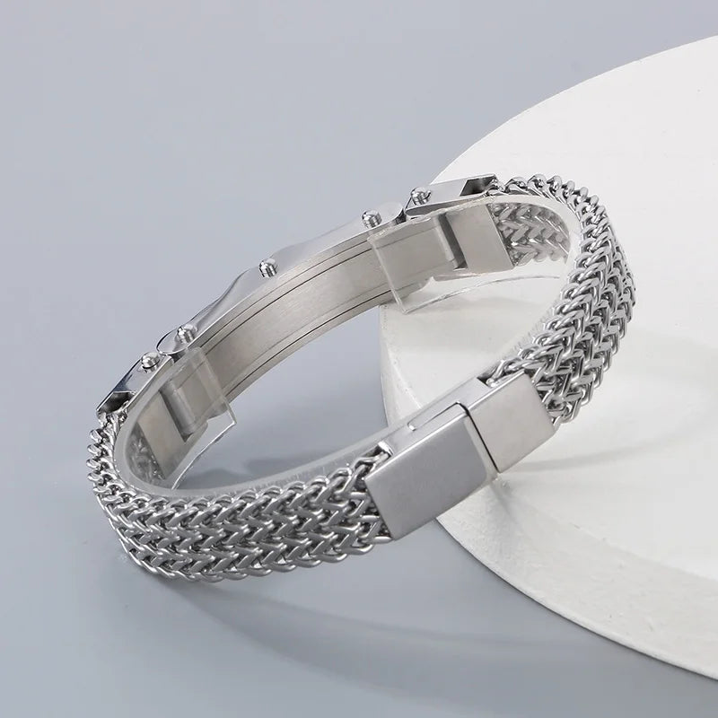 REBEL Unisex Trendy Jewelry Fashion Bracelets Stainless Steel Rhinestone Herringbone Bracelet Bangle