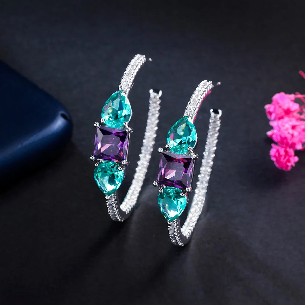 S&S Green & Purple CZ Double-Sided Hoop Earrings – Water Drop & Square – Silver Plated – Collection
