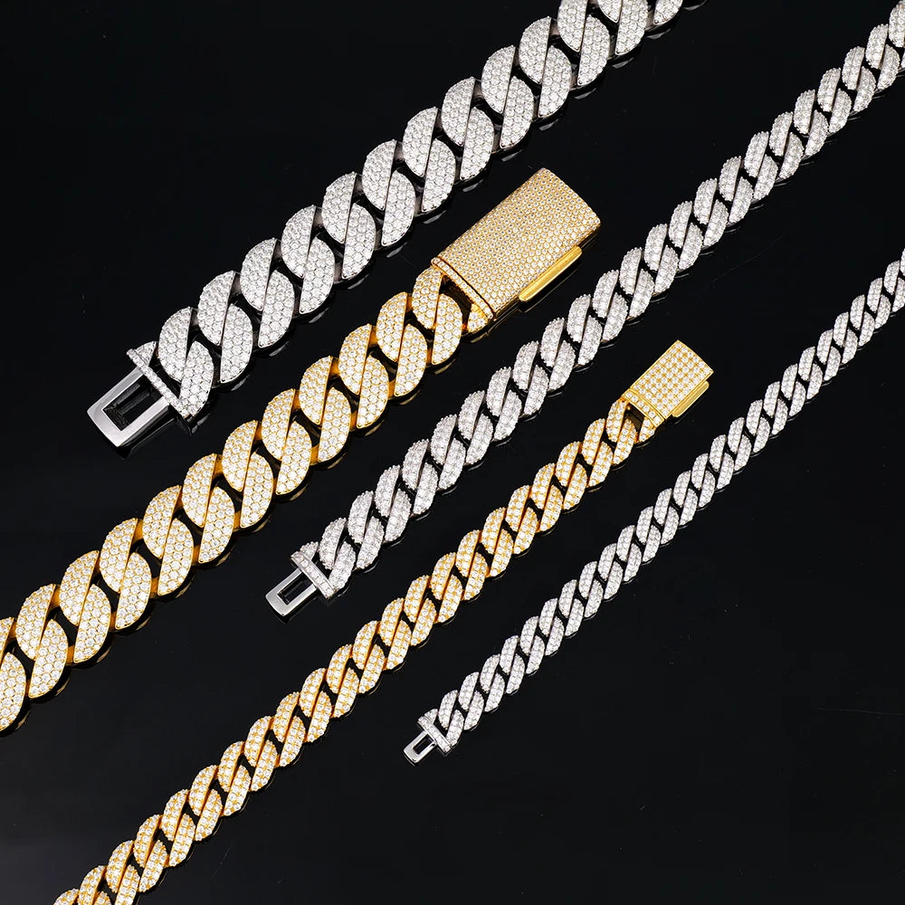 Factory Wholesale 8-20mm Gold Plated Vvs Iced Out Full Diamond Miami Moissanite 925 Sterling Silver Cuban Chain Link Bracelet