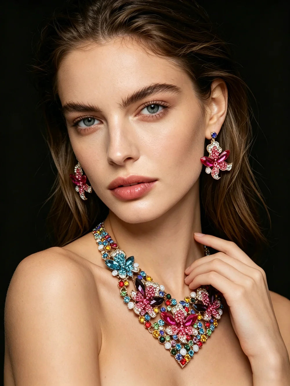 XM S293 Gold Plated Princess Cut Multicolour Zircon Floral Statement Necklace & Earrings Bridal Set